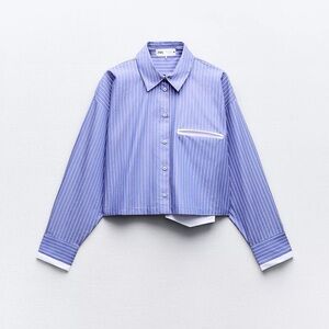 Zara Blue and White Striped Cropped Button-Up Shirt